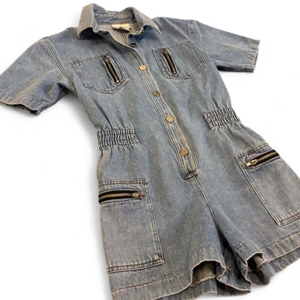 90s International Light Wash Denim Romper – Utility Zip Cargo 7/8